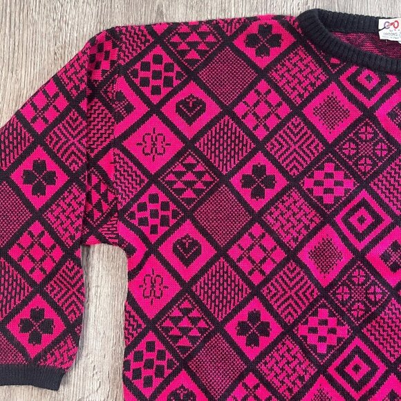 VTG 80s 90s Colors by Brooks Magenta Black Knit Cropped Pullover Sweater Sz Lrg - Picture 3 of 4